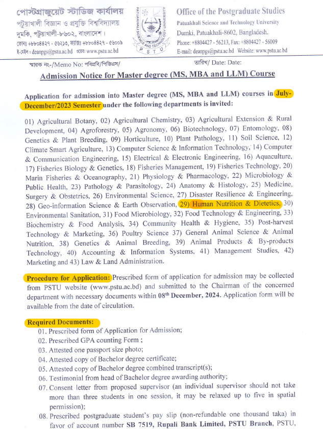 MS in Human Nutrition and Dietetics July-Dec 2023 Session Admission Circular